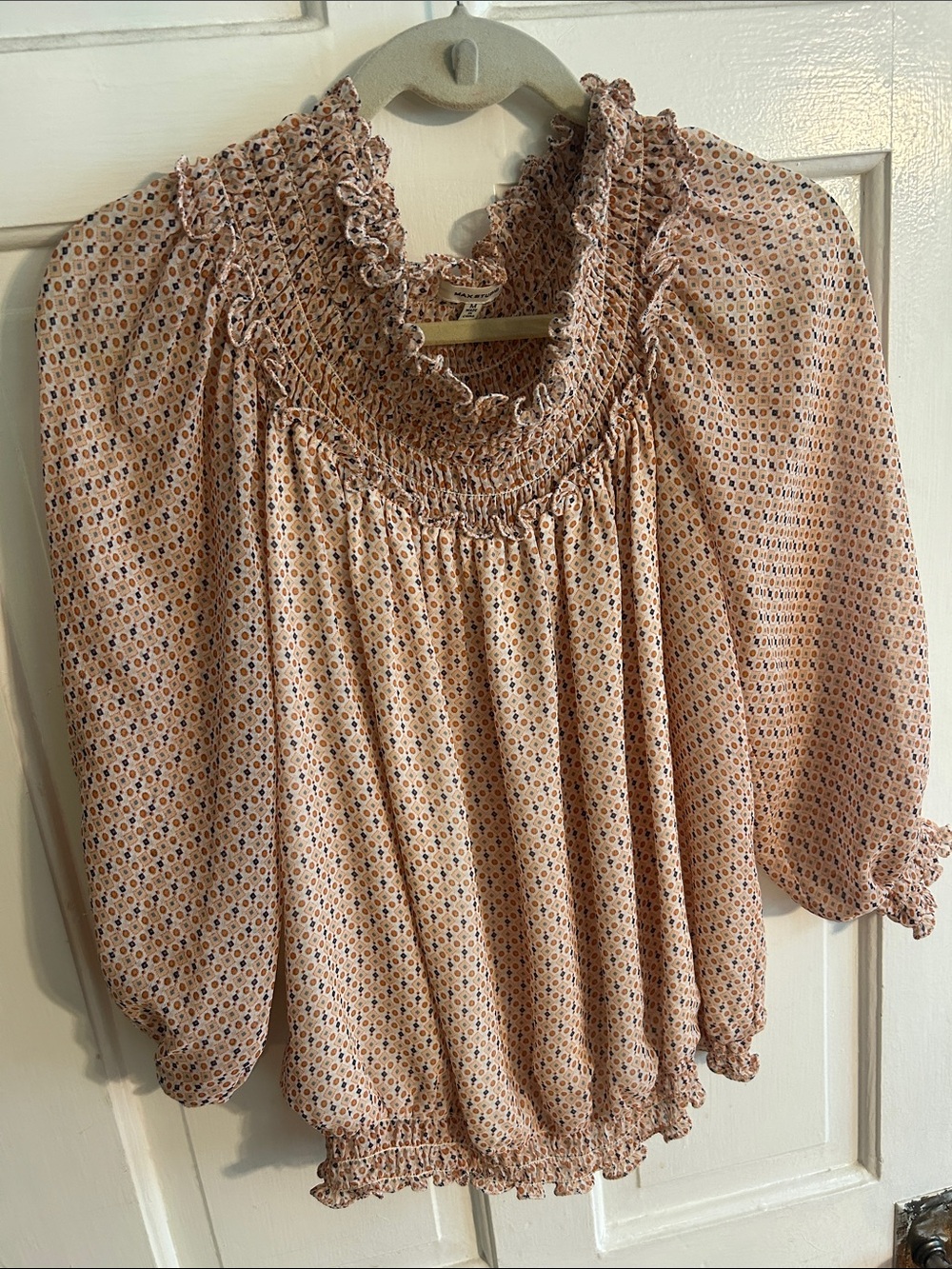 Max Studio Peach printed Smocked-Neck Blouse